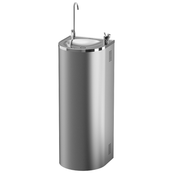 Stainless steel floor mounted drinking fountain with bottle filler and cooler